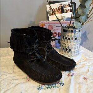 Black Suede Fringe Moccasins